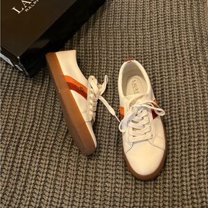 Lauren Ralph Lauren White Sneaker with Gum Rubber Sole and Orange Accent